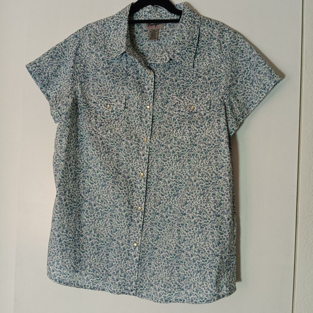 Vtg 80 Wrangler Cowgirl  Shirt XL Blue Green Calico Floral Western Boho Prairie